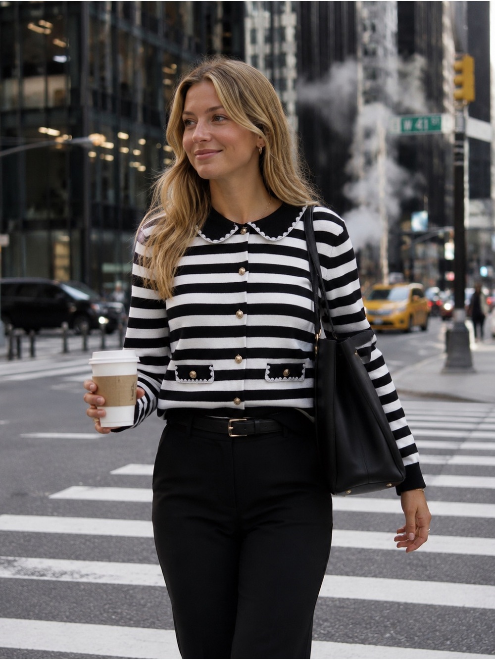 Striped Black & White Knit Cardigan with Peter Pan Collar